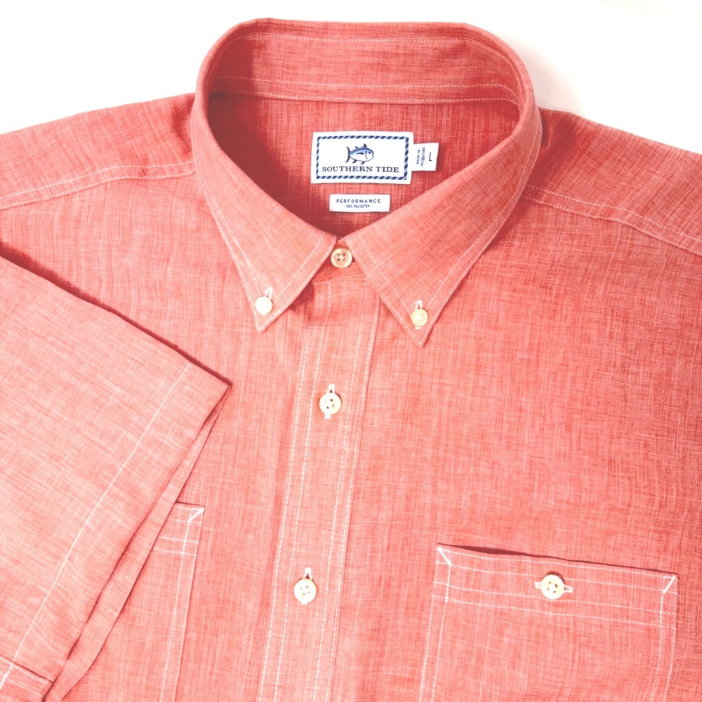 Southern Tide Performance Shirt Mens Large Coral Orange Short Sleeve Button Down